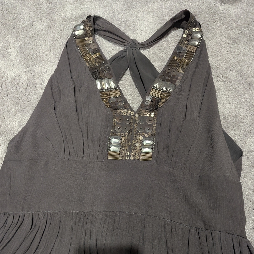 Banana Republic Gray & Gold Embellished Silk Maxi Dress